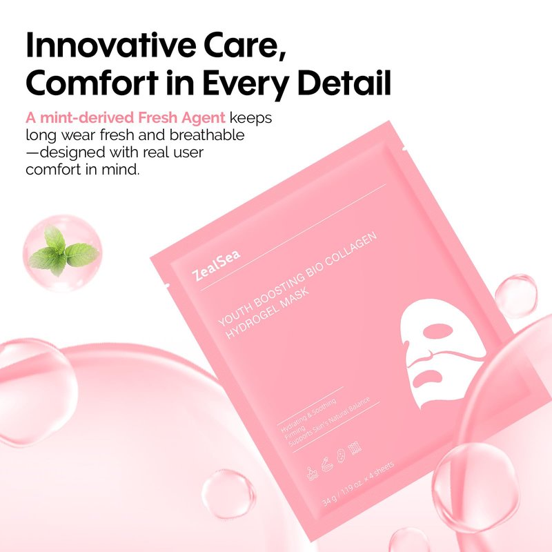 ZealSea Bio Collagen Wrapping Hydrogel Face Mask, Overnight Jelly Gel Sheet Mask for Glass Skin, Deep Hydration, Pore Care, Elasticity Improvement, Firming, Advanced Facial Skincare Solution, 4 Pack