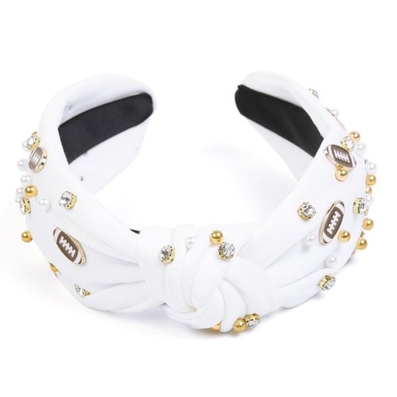 Huachi Football Headband for Women Game Day Hair Accessories: Football Mom Essentials - Rhinestone Pearl Knotted Head Band for Women Non Slip, White