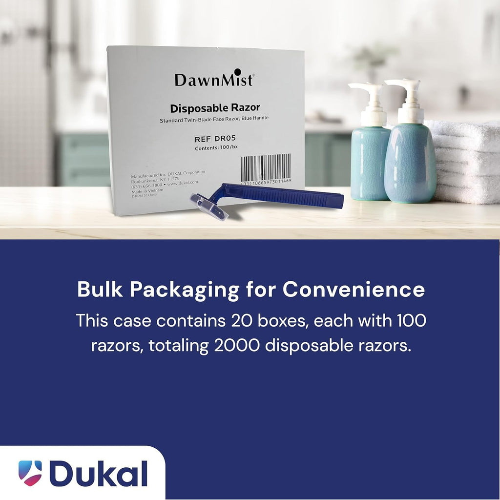 Dukal DawnMist Twin-Blade Disposable Razor, Blue Handle – Bulk Pack of 100, Precision Shave for Smooth & Comfortable Grooming
