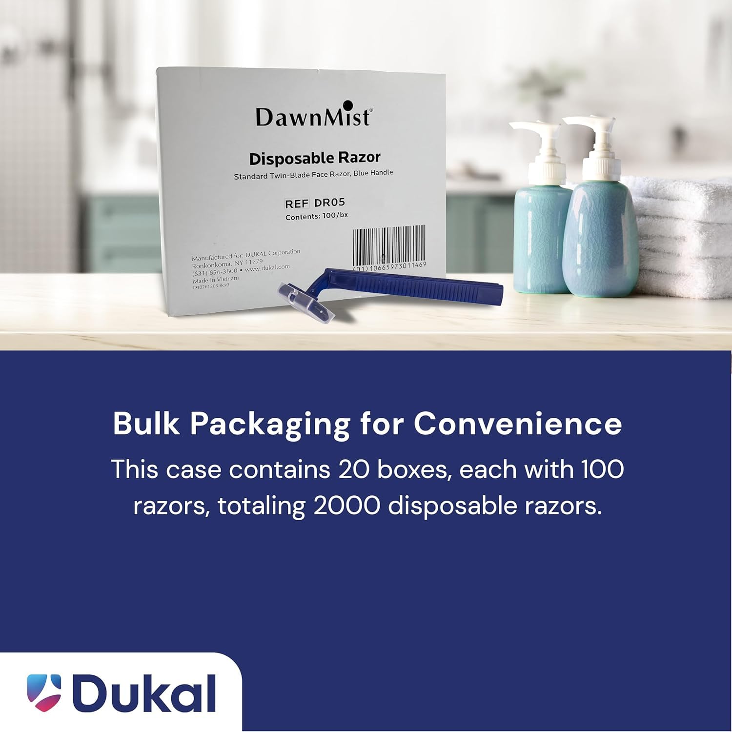 Dukal DawnMist Twin-Blade Disposable Razor, Blue Handle – Bulk Pack of 100, Precision Shave for Smooth & Comfortable Grooming