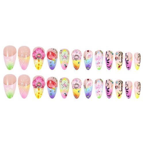 LBPEPAMZ 24Pcs Colorful Flower Press on Nails Medium Almond Fake Nails with 3D Water Drop Rhinestones Design Yellow Blue Ombre French Tip False Nails Summer Spring Acrylic Stick on Nails for Women