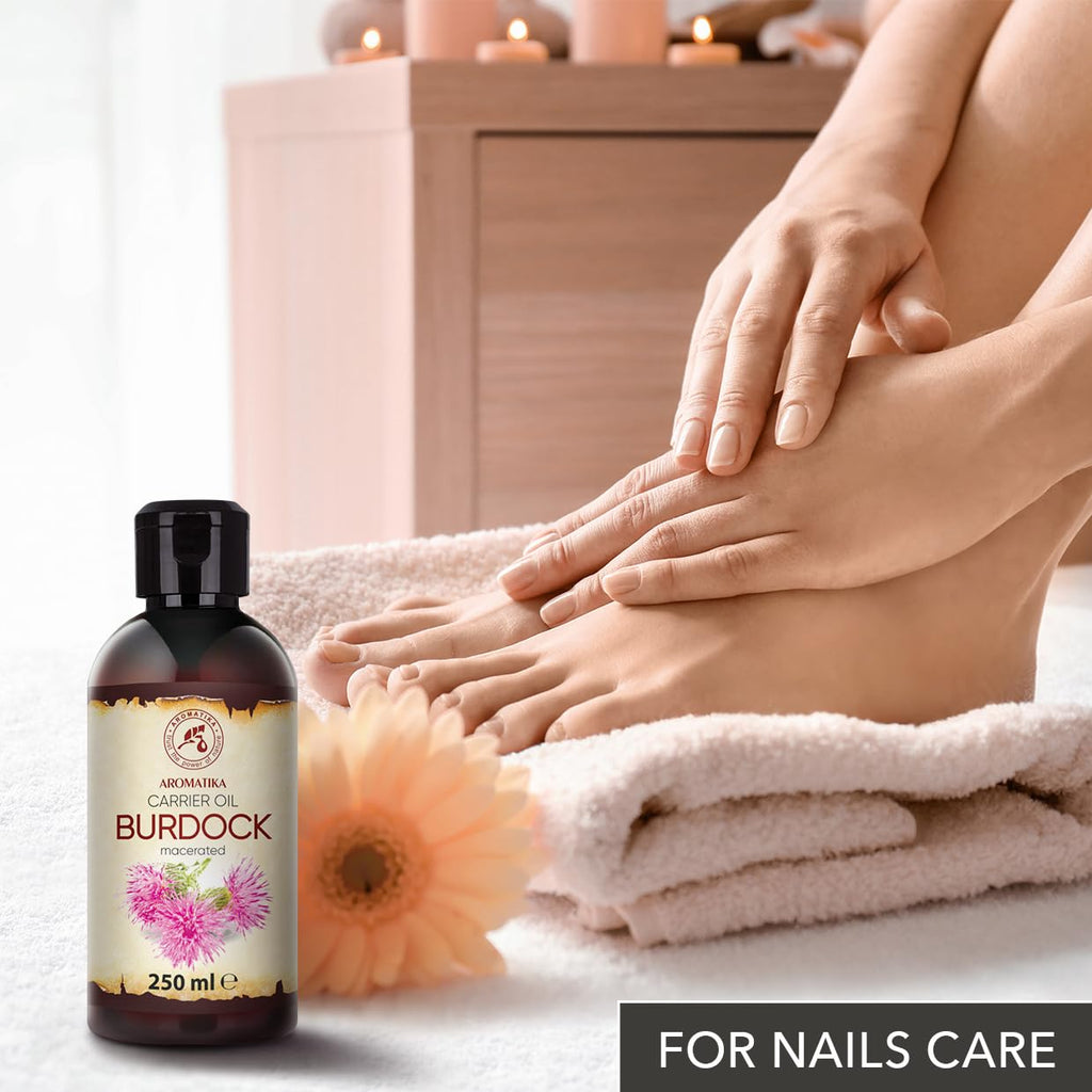 AROMATIKA Burdock Oil 8.45 Fl Oz (250ml) - 100% Pure & Natural - Arctium Lappa for Hair & Scalp - Carrier Oil for Nails - Skin - Lips - Face & Body Care - Glass Bottle - Oils Burdock Seed