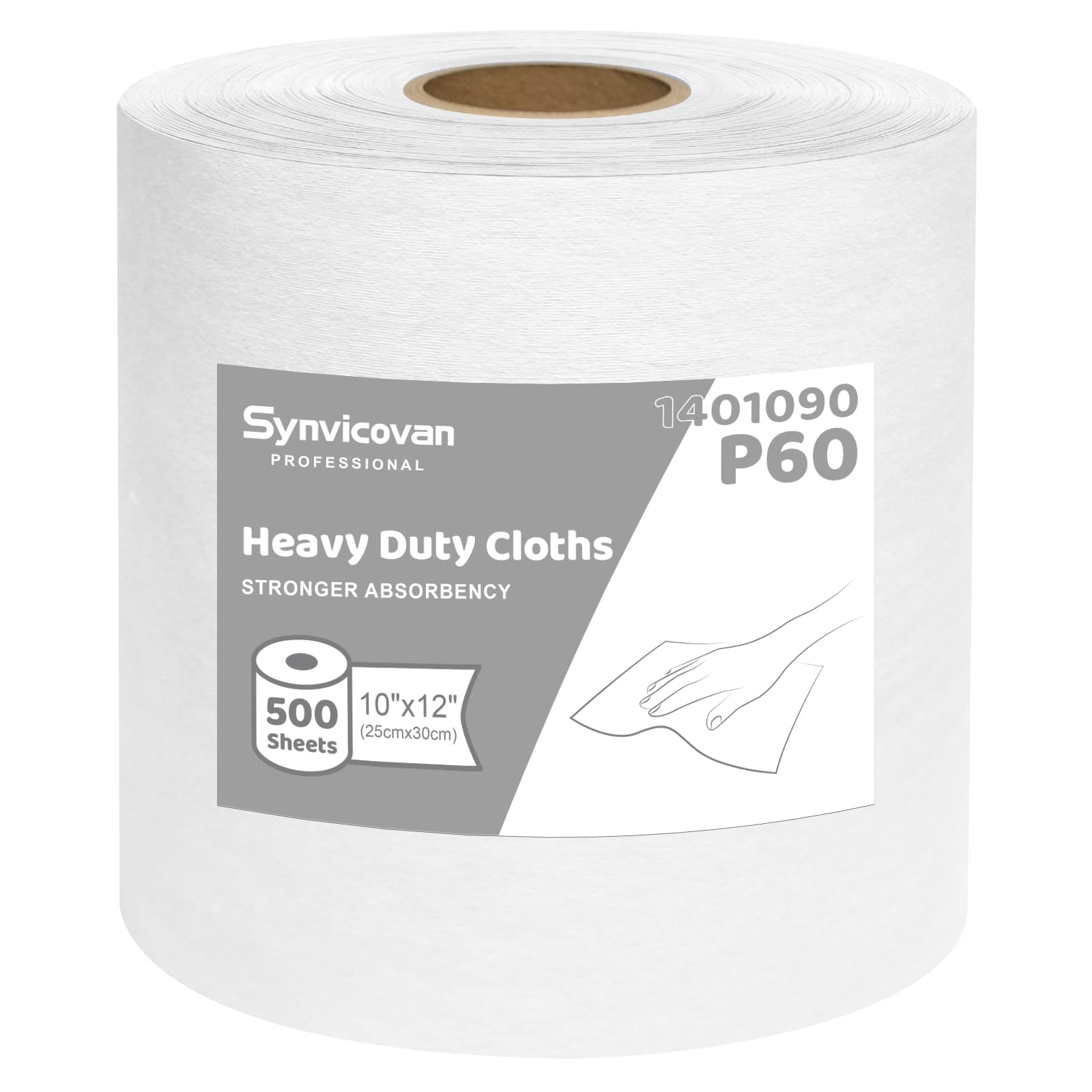 Synvicovan Jumbo Roll Industrial Cleaning Wipes, Super Absorbent Heavy Duty Cloths, White (1 Roll of 500 Sheets, 12"x 10" Each Sheet)