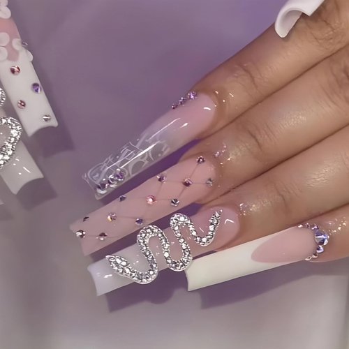 MISUD Press on Nails - Long Square Glue on Nails with French Tip, Acrylic Snake Rhinestone Design 24 pcs