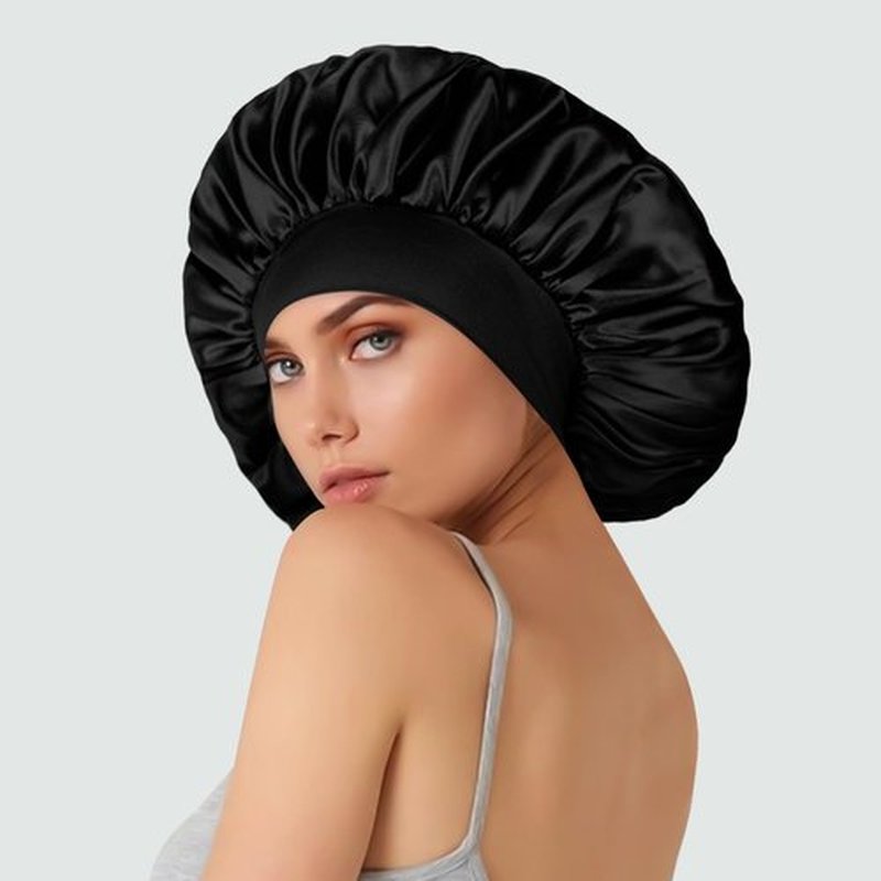 2 Pcs Extra Large Satin Hair Bonnet for Sleeping Cap 17 inches Jumbo Silk Sleep Bonnet for Women (Black & Blue)
