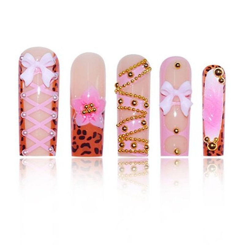 Long Press on Nails Square Fake Nails French Tip False Nails with 3D Bow Line Flower Designs Glue on Nail Glossy Acrylic Nails Full Cover Artificial Stick on Nail for Women 24Pcs