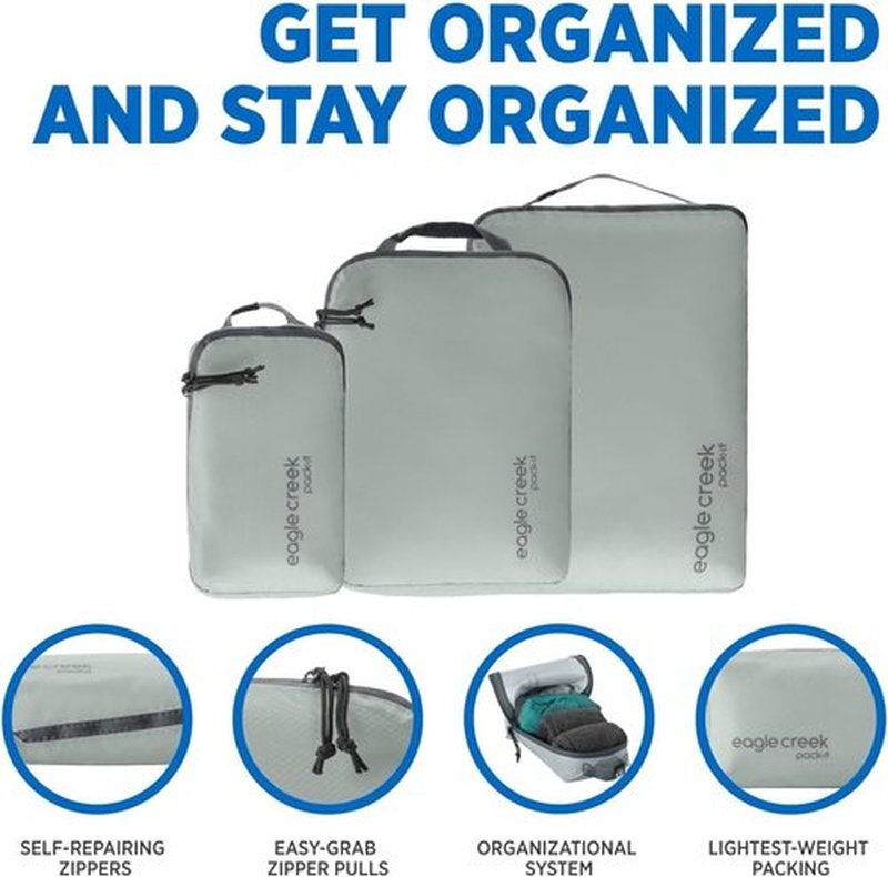 Eagle Creek Pack-It Isolate Cube Set - Stackable Packing Cubes with Top Handle - Storm Grey - XS/S/M - 3 Pieces