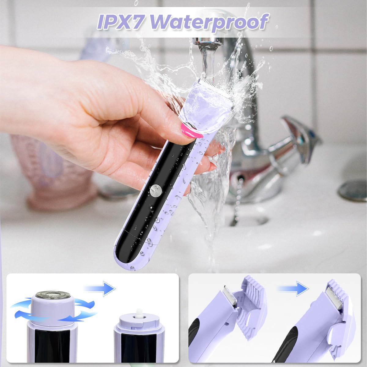 Msiud Electric Shaver for Women, 2 in 1 Bikini Trimmer Waterproof Rechargeable Facial Hair Remover with Ceramic Blades Dual Head, Pubic Hair Trimmer Body Grooming Travel Design for Shower Use