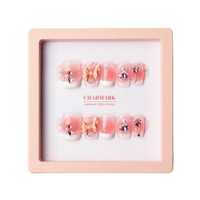 CHARMARK Press on Nails Short Square Handmade Gel Manicure, Unique Exquisite for Daily, Party, Bridal Decorations Nail Kit, 10Pcs Reusable Well Made Glue/Stick on Nail (01.pink French, S)