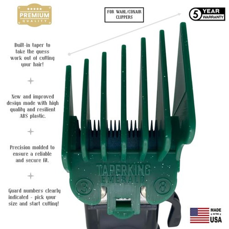 Taper King® Guide Combs 2.0 – Improved Quality, Upgraded Design for At Home Taper & Fade Haircuts – Emerald (#3 to #8) – Compatible with Wahl/Conair Clippers