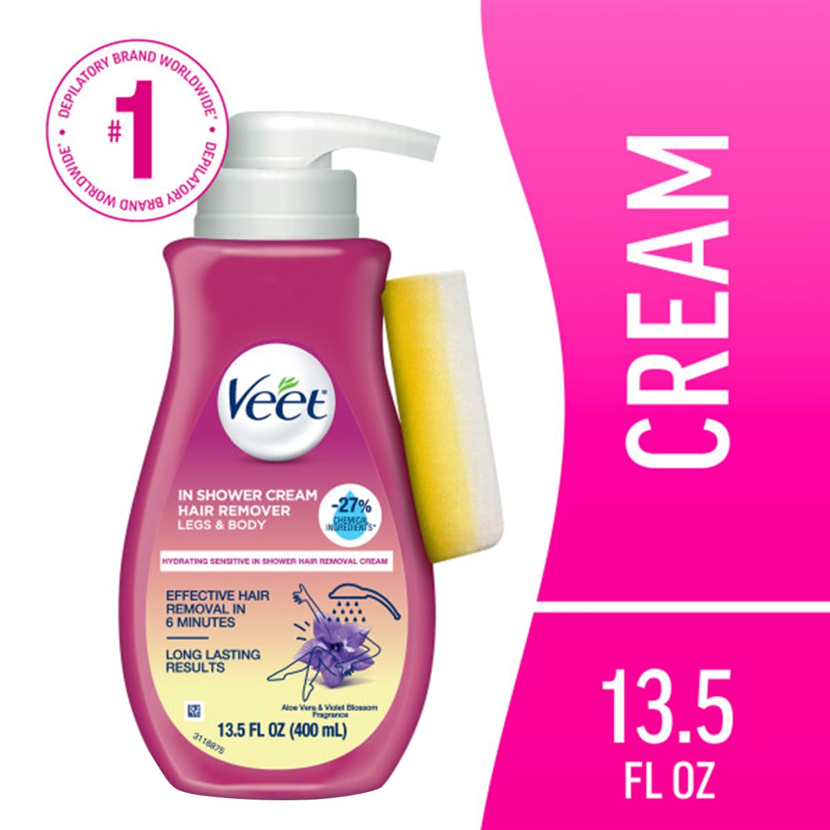 Veet Sensitive Formula with Aloe Vera In Shower 13.5 Fl Oz. Hair Removal Cream for Legs & Body (2 Pack)