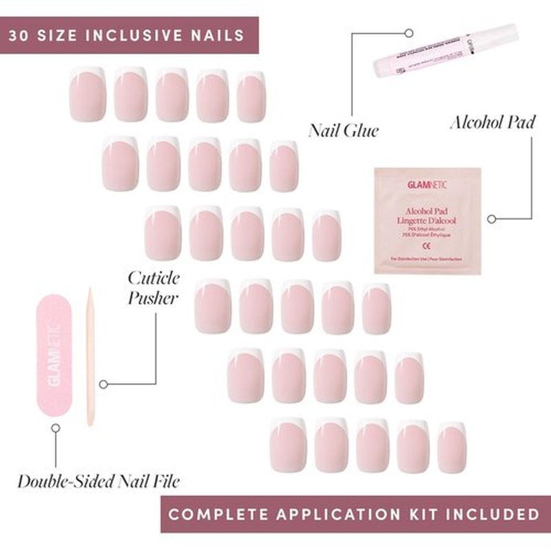 Glamnetic Press On Nails - Classy French | Medium Square Fake Nails, Trendy Micro French Tip, Salon Quality | 15 Sizes - 30 Nail Kit