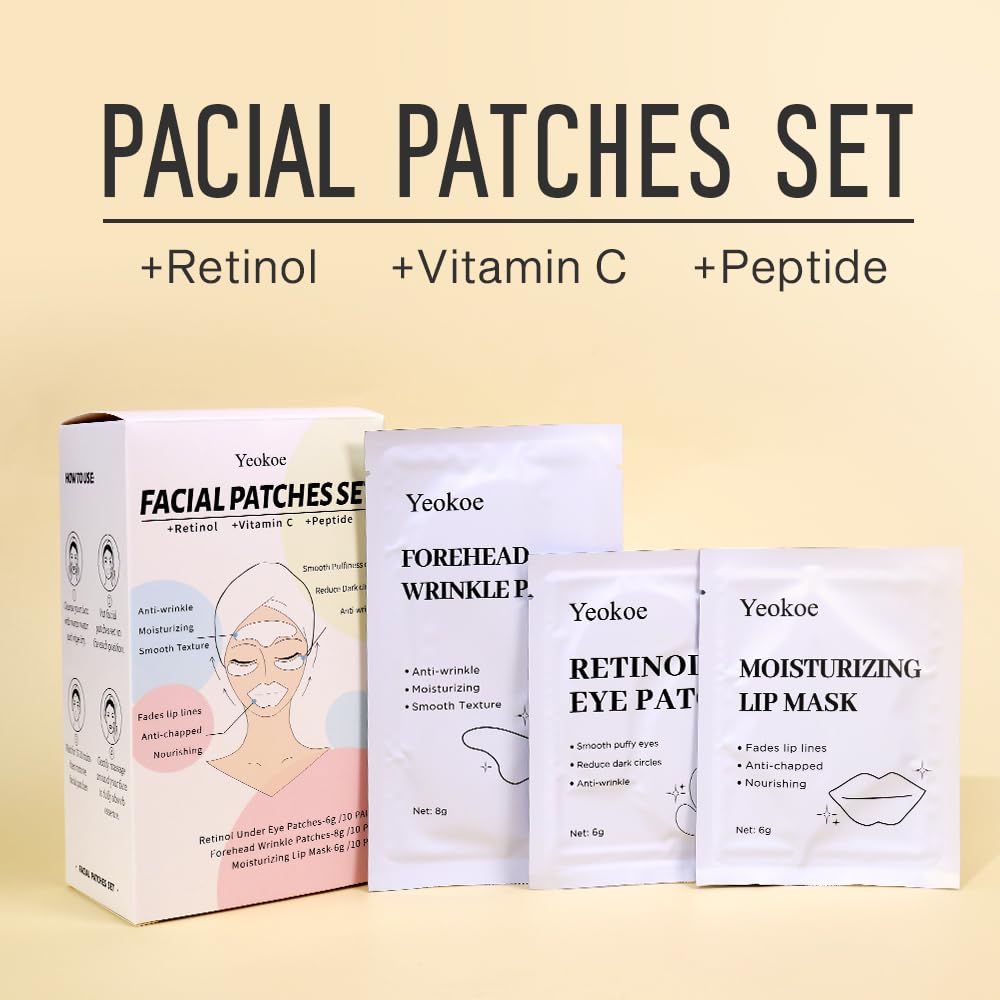 Yeokoe Forehead Wrinkle Patches,Under Eye Patches and Lip Mask 30 PCS. Face Masks Skincare With Retinol Serum For Anti-aging Puffy Eyes and Dark Circles