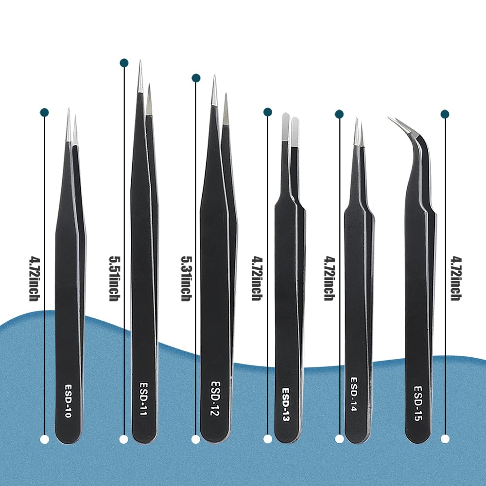 CHERALKEST 6 Pcs Precision Tweezers Set, Premium Anti-Static Stainless Steel Tweezer, ESD Curved of Tweezers for Electronics, Craft, Laboratory Work, Jewelry-Making, etc