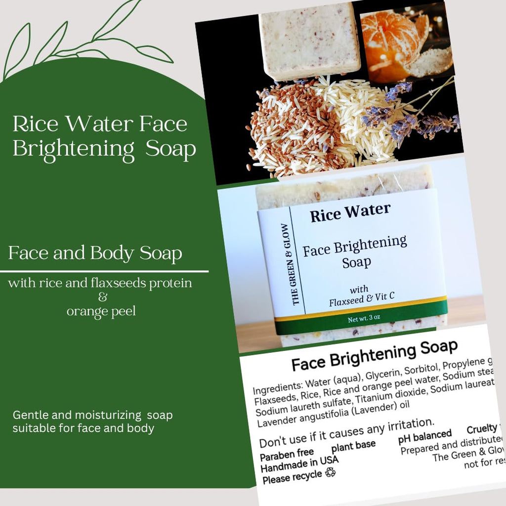 Rice Water Face & Body Soap Bar with Flaxseed & Orange Peel, Oatmeal Soap Base, Gentle Cleansing Bar for Daily Skin Care, Rose scent, 4 oz