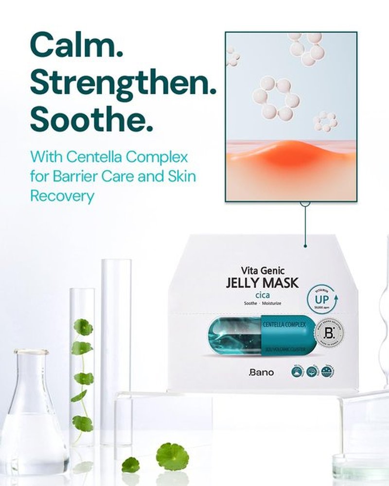 Bano Vita Genic Jelly Face CICA Mask 10EA – Soothing & Hydrating Sheet Mask for Sensitive Skin, Korean Glass Skin Care with Centella, Vitamin C, Biotin & Niacinamide, Fragrance-Free