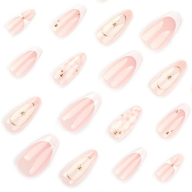 Mivota French Press On Nails Almond Medium, Fall Fake Nails Adorned with White Petal Accents and 3D Gold Lines Design, Glossy Gel Finish Acrylic Nails, Reusable Glue On Nails for Women, 24Pcs