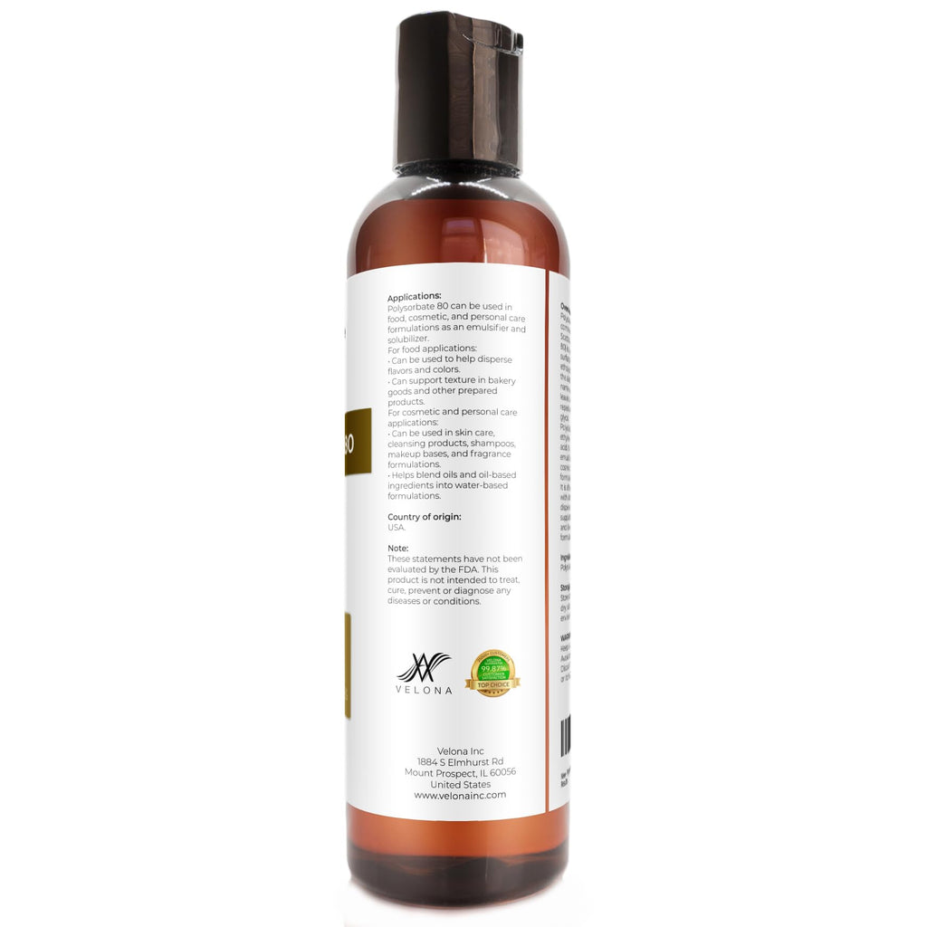 Polysorbate 80 by Velona - 4 Fl Oz | Solubilizer, Food & Cosmetic Grade | All Natural for Cooking, Skin Care and Bath Bombs, Sprays, Foam Maker | Use Today - Enjoy Results