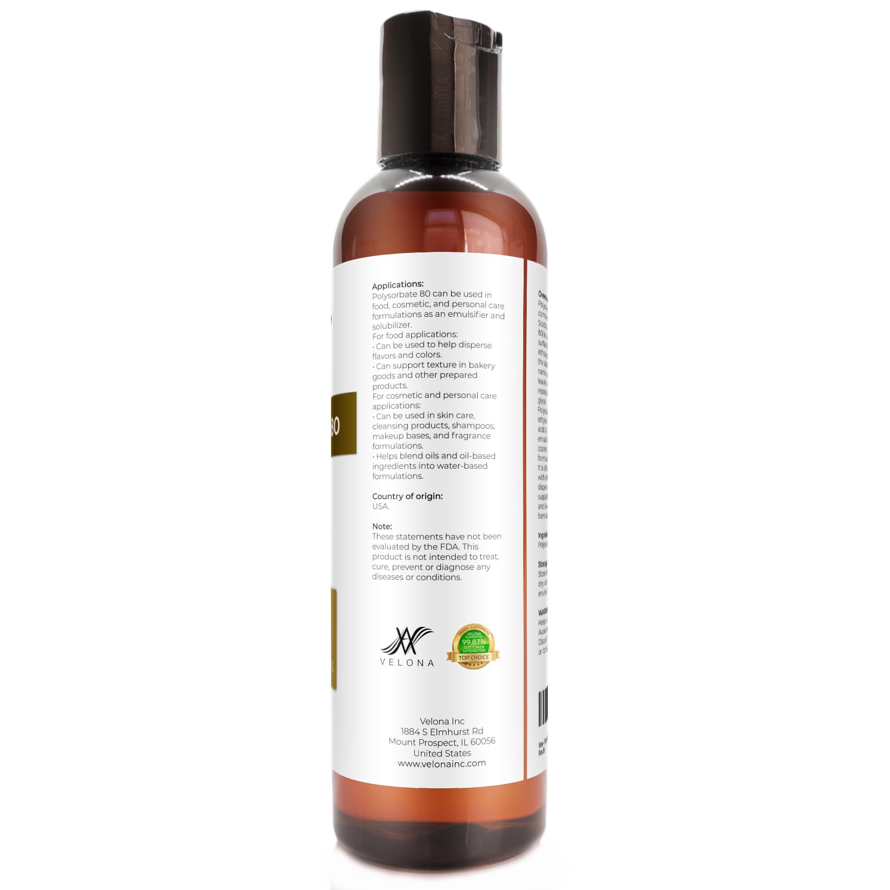 Polysorbate 80 by Velona - 4 Fl Oz | Solubilizer, Food & Cosmetic Grade | All Natural for Cooking, Skin Care and Bath Bombs, Sprays, Foam Maker | Use Today - Enjoy Results