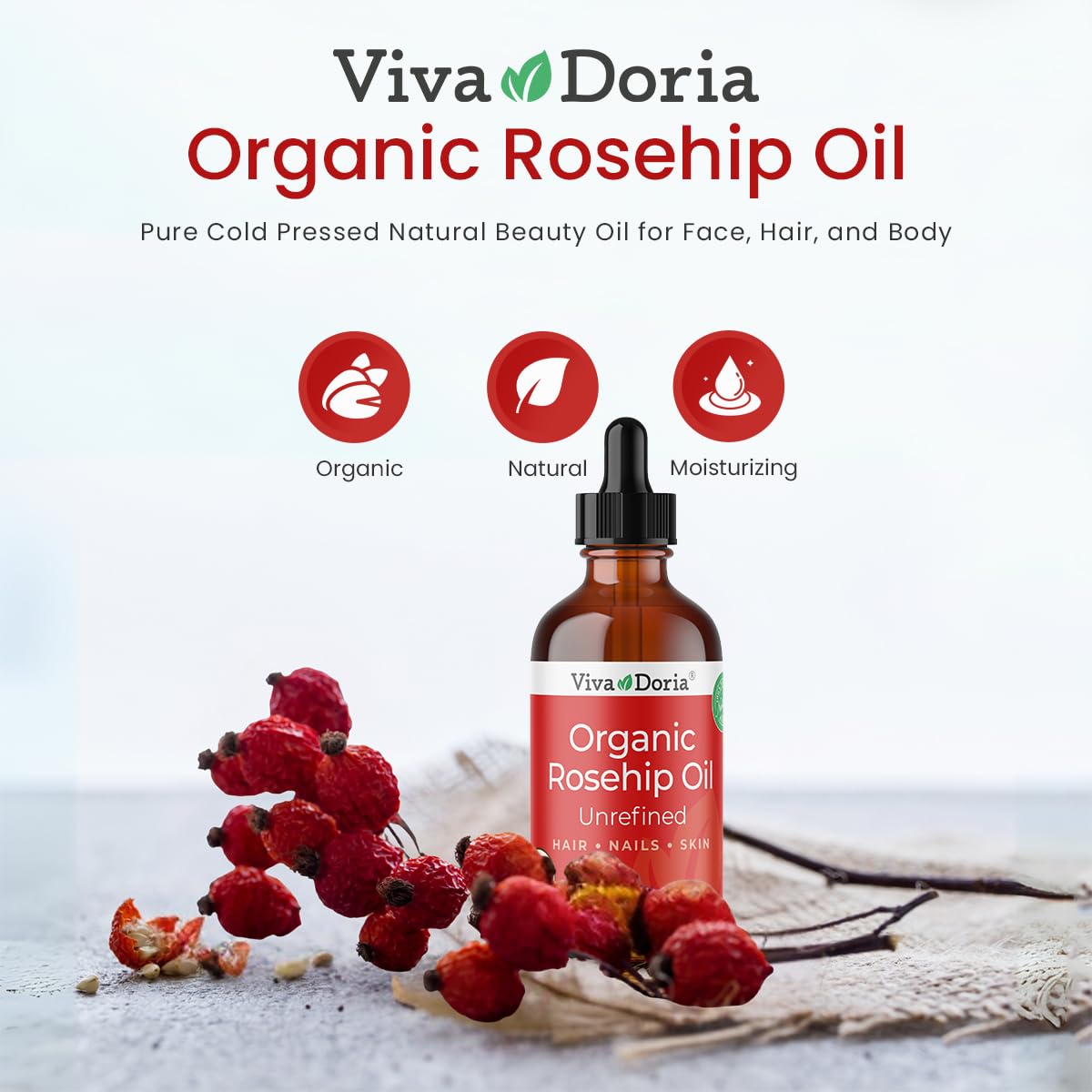 Viva Doria Organic Rosehip Oil, Unrefined, Cold-Pressed, 118 mL (4 Fl Oz) For Hair, Nails and Skin