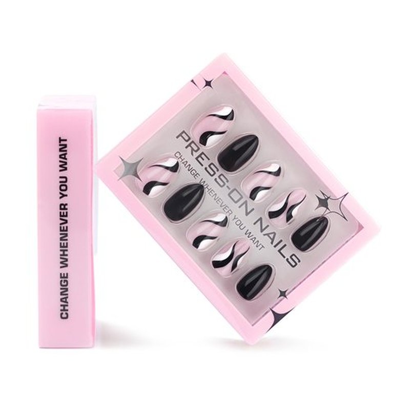 Fomkrio Black and White Swirl Print Short Press On Nails Almond Acrylic Fake Nails with Designs Spring Summer Nails for Women Girls, 15 Sizes - 30Pcs Manicure Nail Kit