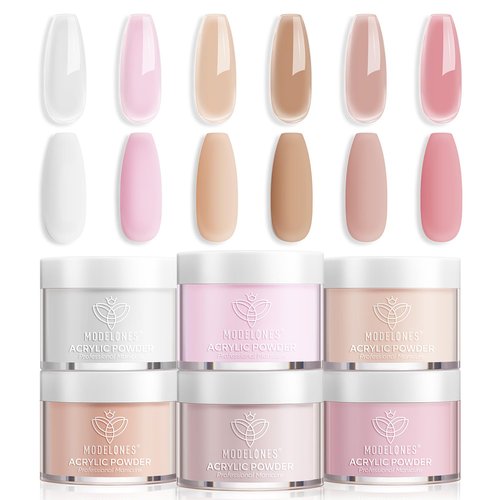Modelones Acrylic Powder, 6 Colors Transparent Jelly Nude Nail Powder Milky White Pink Nude for Nail Art 3D Nail Carving French Nail Extension, Gifts for Women