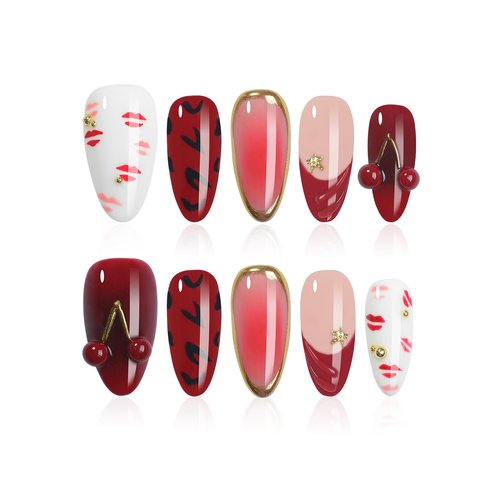 HOMSERA Handmade Press On Nails Almond, Valentine’s Day Press On Nails Luxury French Tips Fake Nails Short, 3D Cherry & Hickey Design, Salon-Quality Reusable, Fall/Winter Gift for Women, 10pcs
