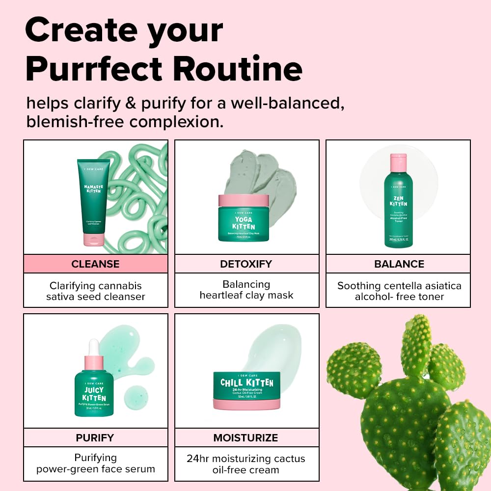I DEW CARE Acne Facial Foam Cleanser - Namaste Kitten | Clarifying Heartleaf, Makeup Cleansing, Korean Skincare, Vegan, Cruelty-free, Paraben-free, Gentle Face Wash for Dry Skin