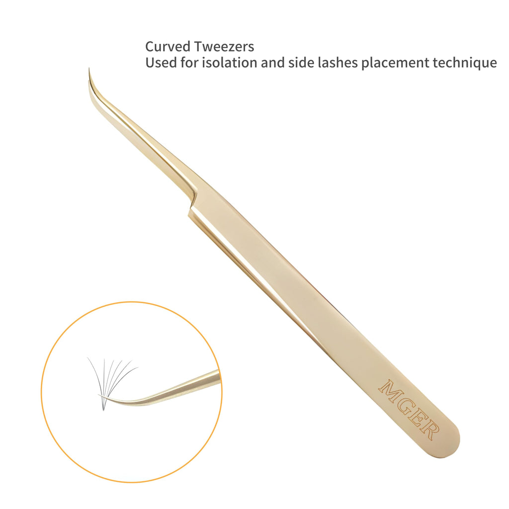 MGER Eyelash Extension Tweezers, Professional Curved Pointed Isolation Tweezers for Classic Individual Volume Mink Lash Extensions, Pointed Tweezers Stainless Lash Extensions, Gold tweezers