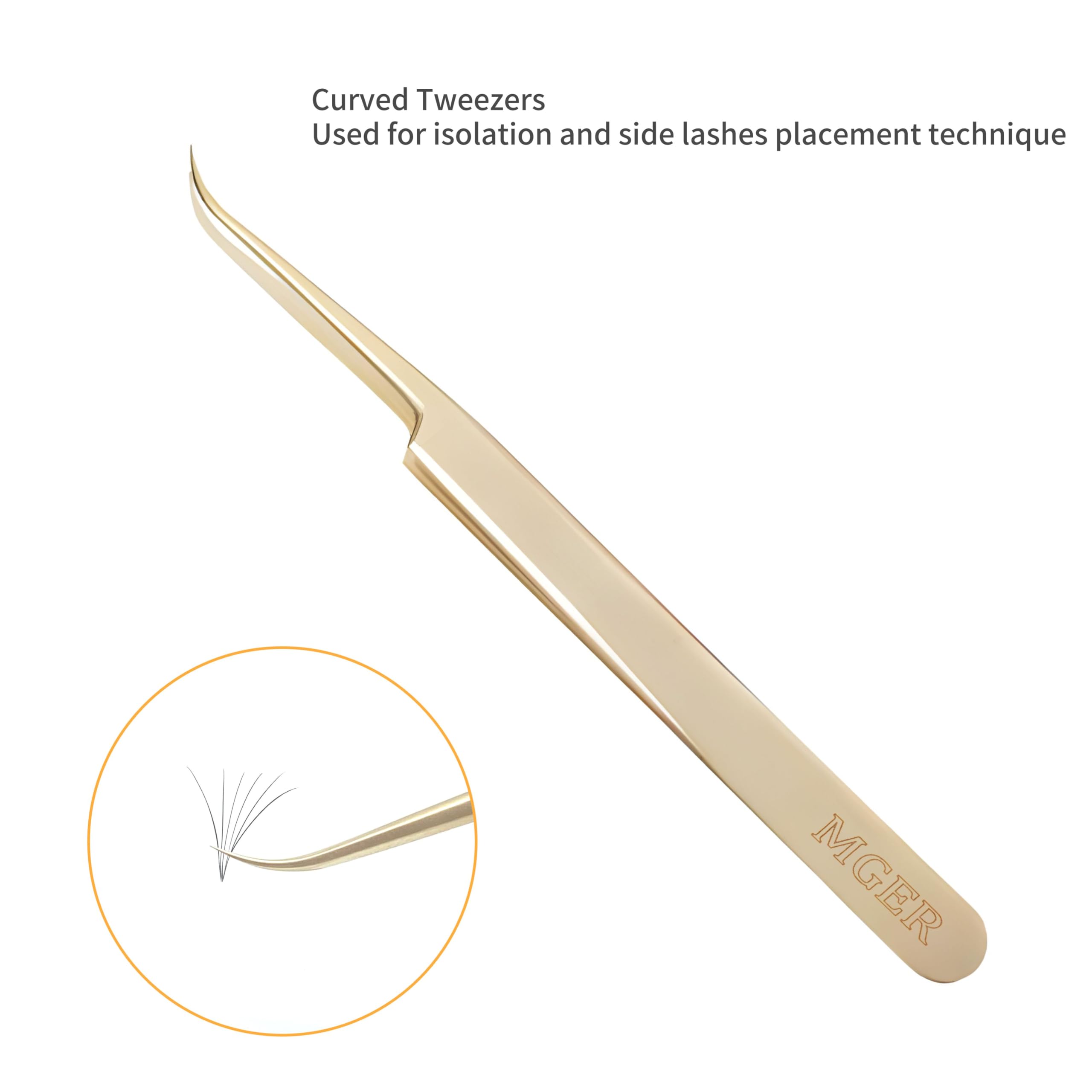 MGER Eyelash Extension Tweezers, Professional Curved Pointed Isolation Tweezers for Classic Individual Volume Mink Lash Extensions, Pointed Tweezers Stainless Lash Extensions, Gold tweezers