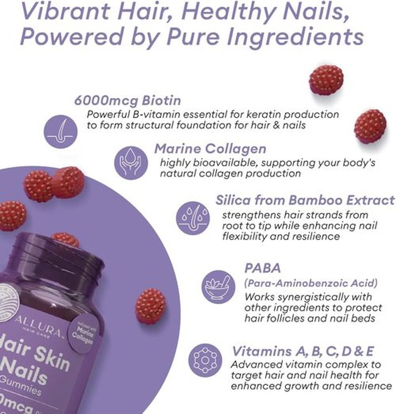 Skiennix Hair Skin and Nails Vitamins - Extra Strength 6000mcg Biotin Gummies with Marine Collagen | 60ct Passion Fruit for Healthy Hair, Skin & Nails