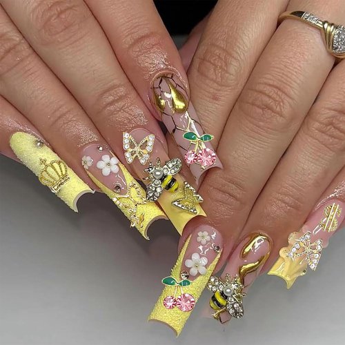 KACHIMOO 160pcs Gold Nail Charms 3D Butterfly Cherry Heart Cross Bow Star Dollar Flower Crown Nail Gems and Charms Nail Rhinestone for Women Nail Art Design(19 Styles)
