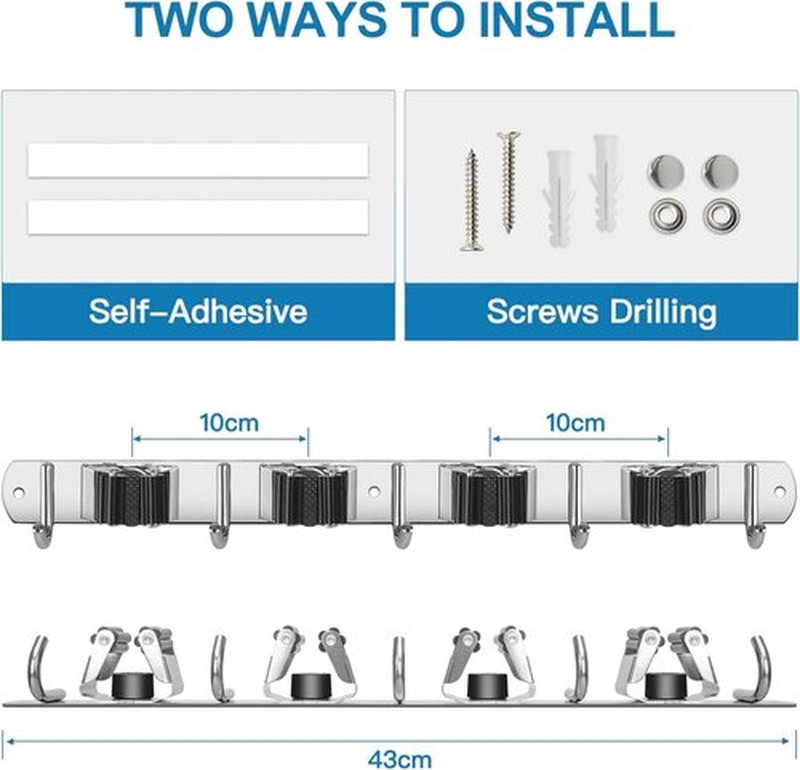IMILLET Wall Mounted Broom Holder - Heavy Duty Stainless Steel Mop Organizer | 4 Racks & 5 Hooks