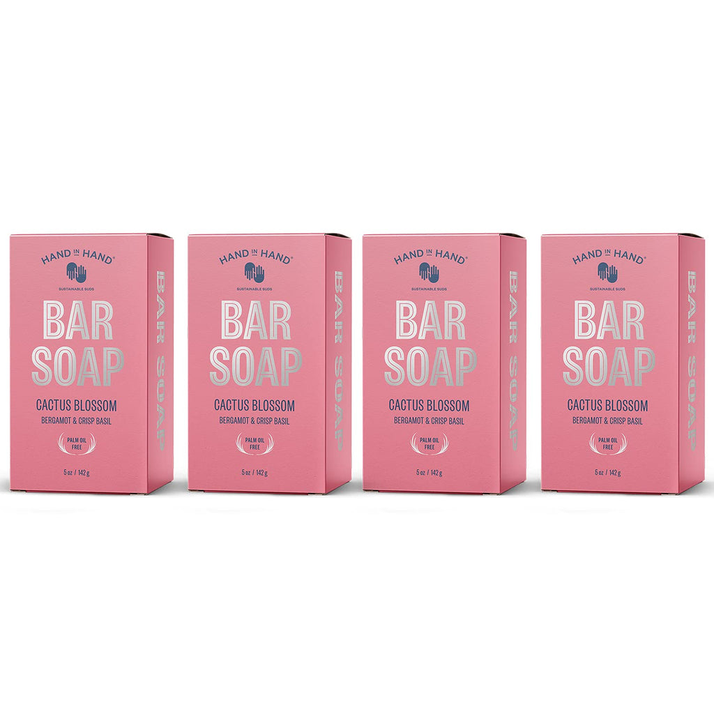 Hand in Hand Bar Soap, Nourishing Cleanser For All Skin Types, Organic Shea and Cocoa Butters, 5 Ounce, Bergamot & Crisp Basil, Cactus Blossom Scent, 4 Pack