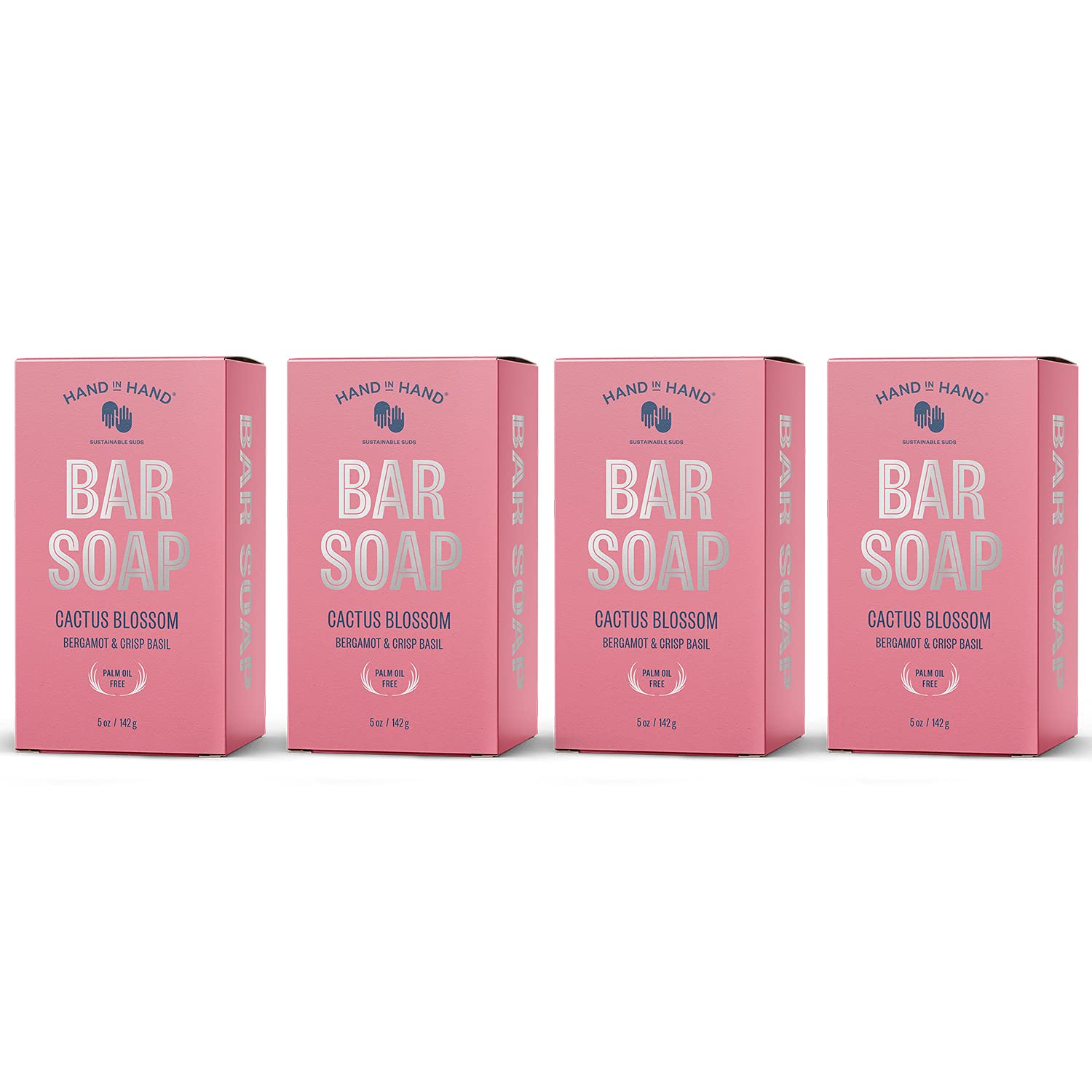 Hand in Hand Bar Soap, Nourishing Cleanser For All Skin Types, Organic Shea and Cocoa Butters, 5 Ounce, Bergamot & Crisp Basil, Cactus Blossom Scent, 4 Pack