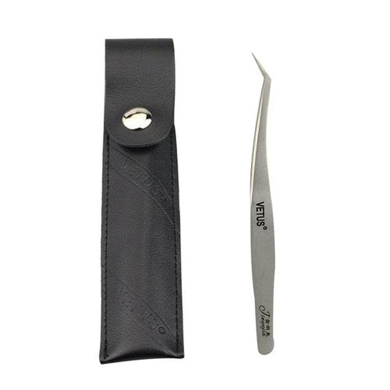 Qeelasee 1 PC Dolphin Tweezers, Stainless Steel, Anti-Magnetic & Anti-Static, Hard & High-Precision, Curved, Black Leather Case, False-Eyelashes Tweezers