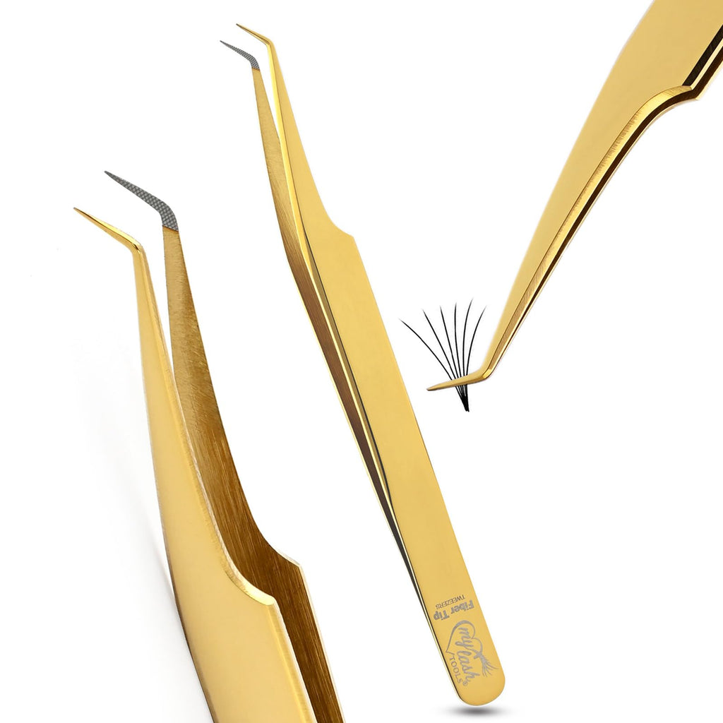 Fiber Tip Lash Tweezer 45 Degree Volume Tweezer – Precision Stainless Steel Eyelash Extension Tool, Professional Lash Applicator for Classic, Volume, Mega Volume Fans, Anti Slip Grip (Gold)