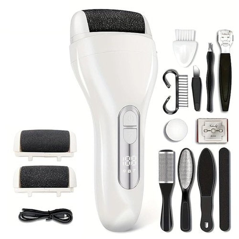 Electric Foot Callus Remover Kit for Women and Men;Rechargeable Electronic Foot File with 3 Heads Waterproof;Professional Feet Care Tools for Dead Skin;Hard Cracked Dry Skin (White)