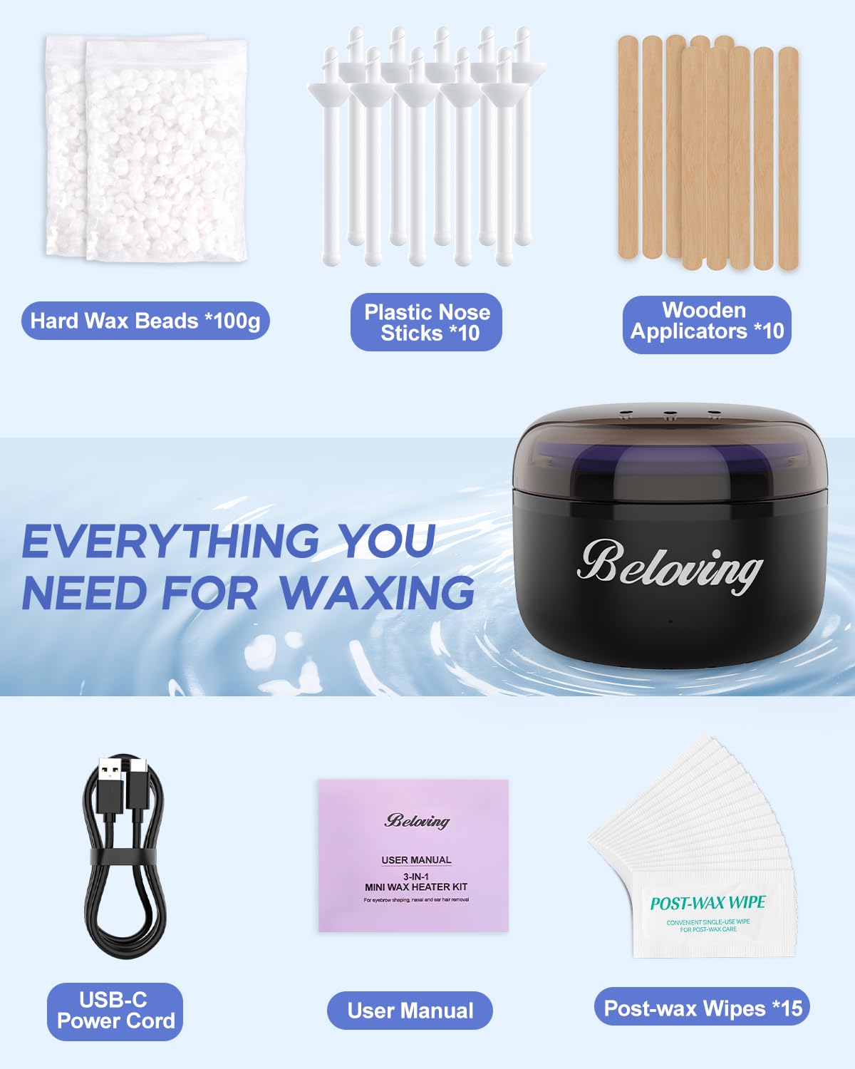 Nose Wax Kit, Mini Wax Warmer for Eyebrow Ear Hair Removal, Waxing Kit for Women Men with 100g Beads, 10 Applicators, 10 Nose Sticks, Portable at Home Waxer Melter Machine Kit for Face Waxing - Black