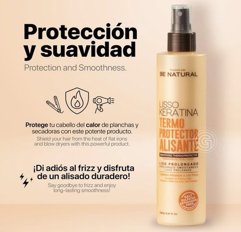 Be Natural Lisso Keratina Heat Protectant Spray for Hair Smoothing, Sulfate-Free, 8.45 fl oz. Termoprotector alisante