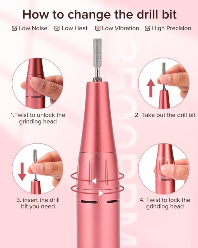 HAPPITON Electric Nail Drill - 50,000 RPM, Rechargeable, LED Display, Cordless Nail File Kit for Manicure, Pedicure, Acrylics & Gel Polish, Home & Salon Use-Pink