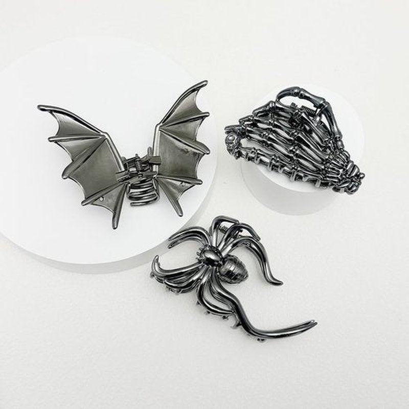 Parcce 3 Pieces Large Metal Spider Net Bat Hand Hair Claw Clips for Women and Girls Thick Long Hair, Gothic Decor Skeleton Spooky Hair Styling Accessories for Halloween Christmas Gifts