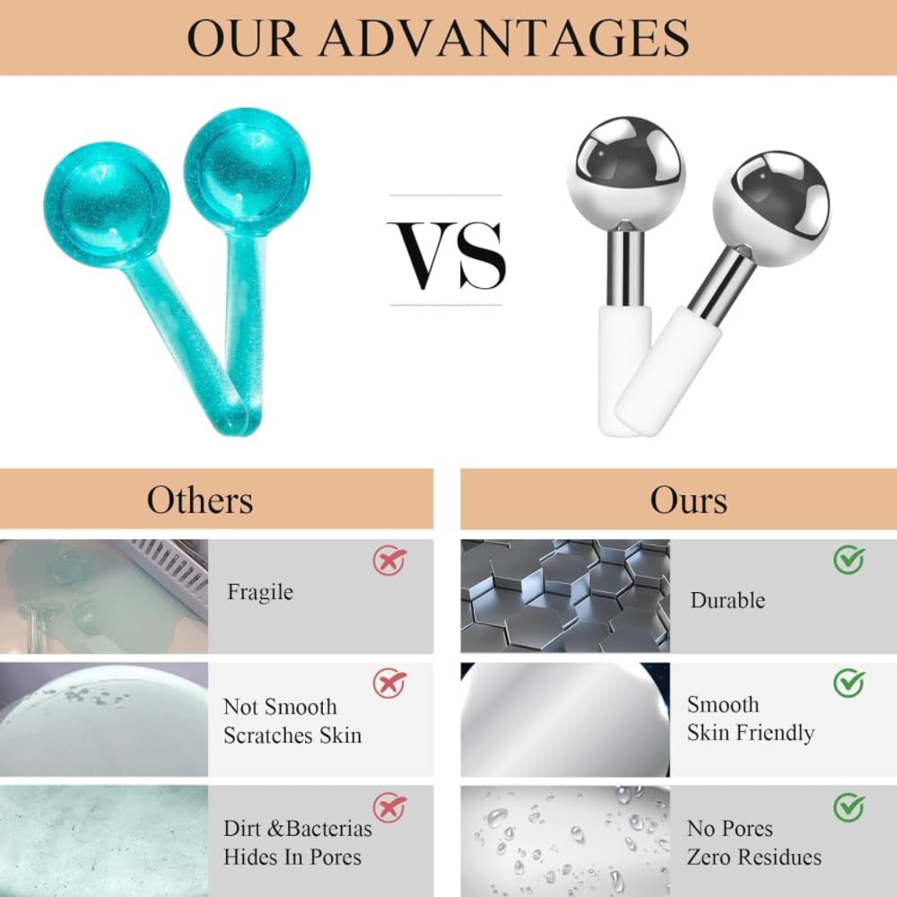 Ice Globes Stainless Steel Beauty Facial Massagers for Face & Eyes,Handhleld Premium Unbreakable Stainless Steel Cryo Sticks for Beauty Routines, Facials Cold Rollers Cooling Globes(Silver,2Pack)