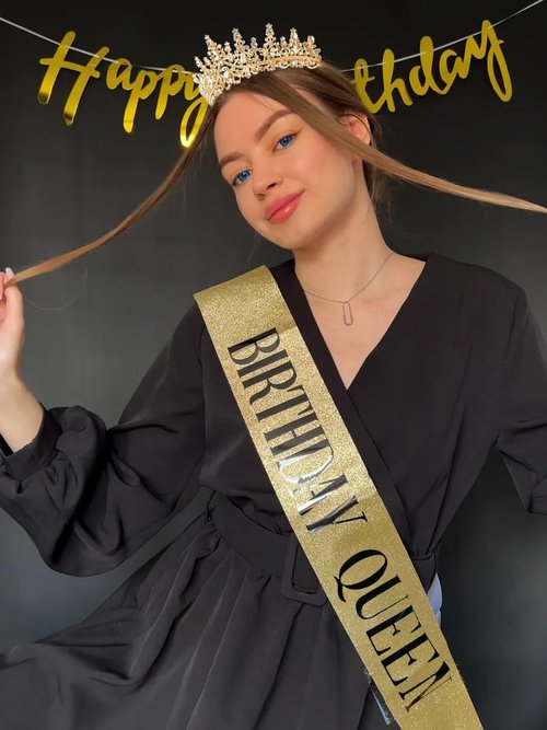 TOBATOBA Birthday Queen Sash and Crown for Women - Gold Rhinestone Tiara and Sash Set for Birthday Decorations Outfits for Women