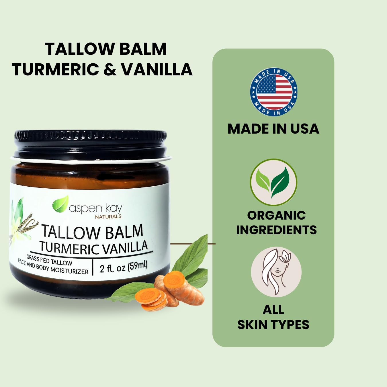 Aspen Kay Naturals Handmade Grass Fed Beef Tallow Balm with Turmeric and Vitamin C for Face and Body, Organic Vanilla Turmeric Skin Moisturizer for Dull Dry Skin, Natural Glow, 2 fl oz, Made in USA
