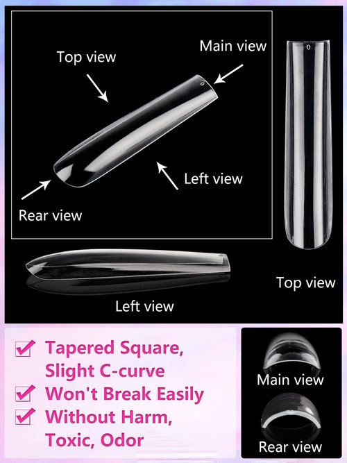 504PCS Clear Square Nail Tips for Acrylic Nails Professional, XXL/XXXL Extra Long Tapered Square Straight Acrylic Nail Tips, Full Cover No C Curve False Nail Extension Tips for Manicure Salon Nail Art