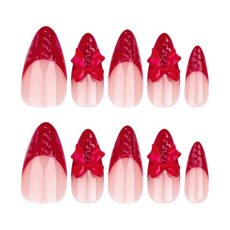 Press on Nails Long Almond MABKJLF Red French Tip Fake Nails False Nails with Designs Bow Charm Solid Colour Glossy Glue on Nails Stick on Nails Acrylic Nails for Women Girls 24 Pcs