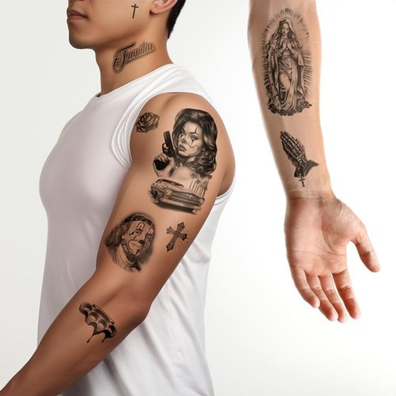 Los Vatos Chicano Vol. I - Cholo and Chola Temporary Tattoos For Men Women, Payasa, Lowrider, Virgin Mary, Prayer, Cross, Chicana, Gangster, Fake Tattoo, Día de Muertos, Tatuajes Temporales