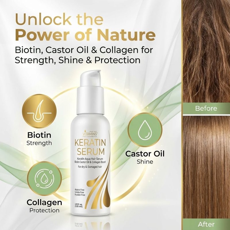 VITAMINS Keratin Hair Serum Oil - Anti-Frizz Treatment for Dry, Damaged Hair with Biotin & Collagen | 4.25 fl oz