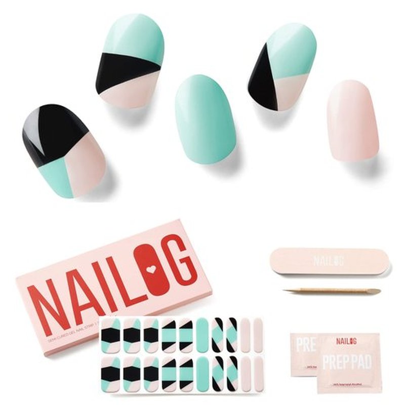 NAILOG Semi Cured Gel Nail Strips, 20Pcs Long Lasting Light Green Black Color Block Gel Nail Stickers, Salon Quality Easy Apply & Remove Works with Any UV/LED Nail Lamps, Three
